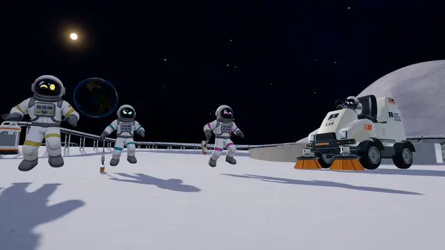 Three Moon Sweepers astronauts with glowing visors standing on the lunar surface beneath a starfield