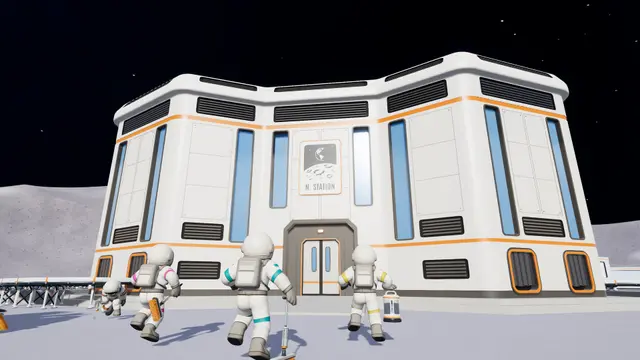 Crew of astronauts walking toward a Moon Sweepers station at night