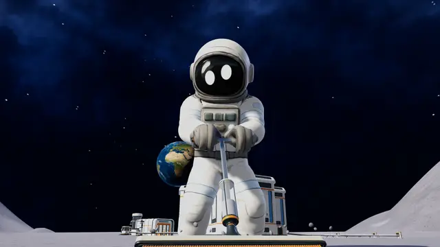 Astronaut holding an oversized brush on the lunar surface with Earth behind, from Moon Sweepers