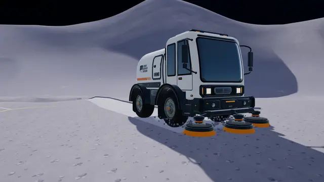 Moon Sweepers Lunar Sweeper with three orange rotary brushes cleaning a wide strip of lunar dust