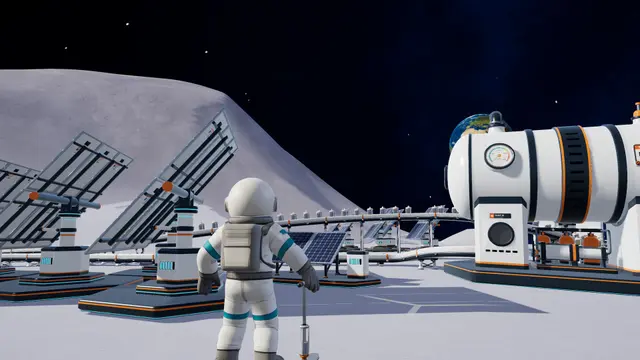 Moon Sweepers astronaut standing beside processing machinery and solar panels on the lunar surface