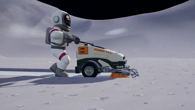 Moon Sweepers astronaut pushing a walk-behind sweeper across the lunar surface, dust clearing in front of the brush