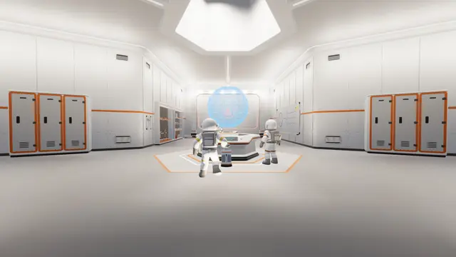 Two astronauts inside a Moon Sweepers station facing a holographic lunar display
